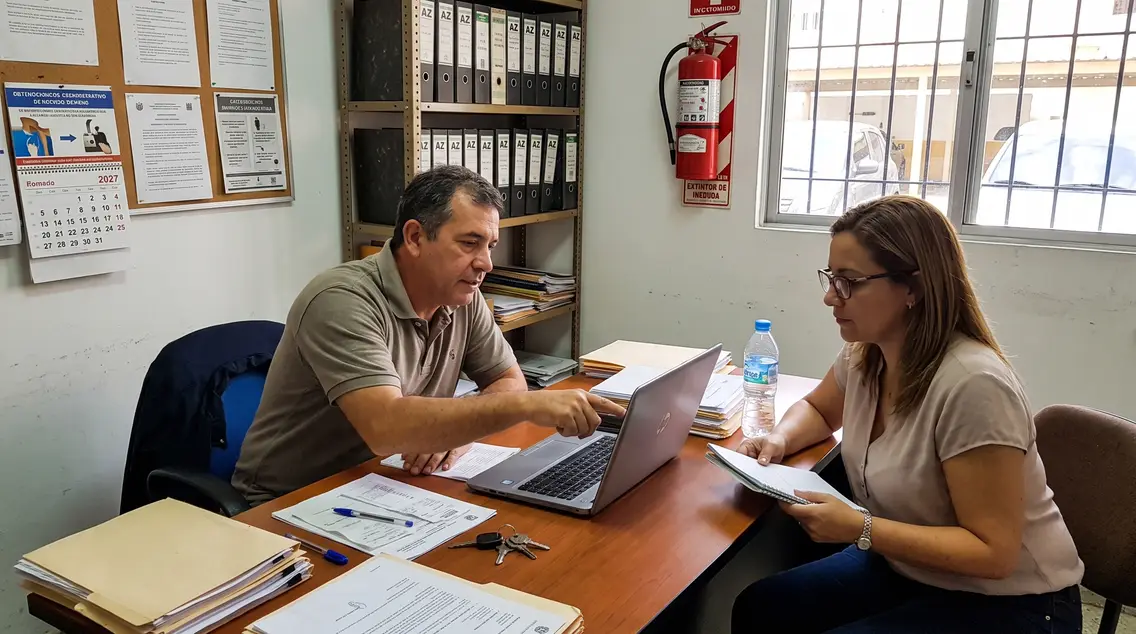 Administrador señalando la pantalla de una laptop mientras una mujer sostiene un cuaderno, en una oficina con carpetas archivadas