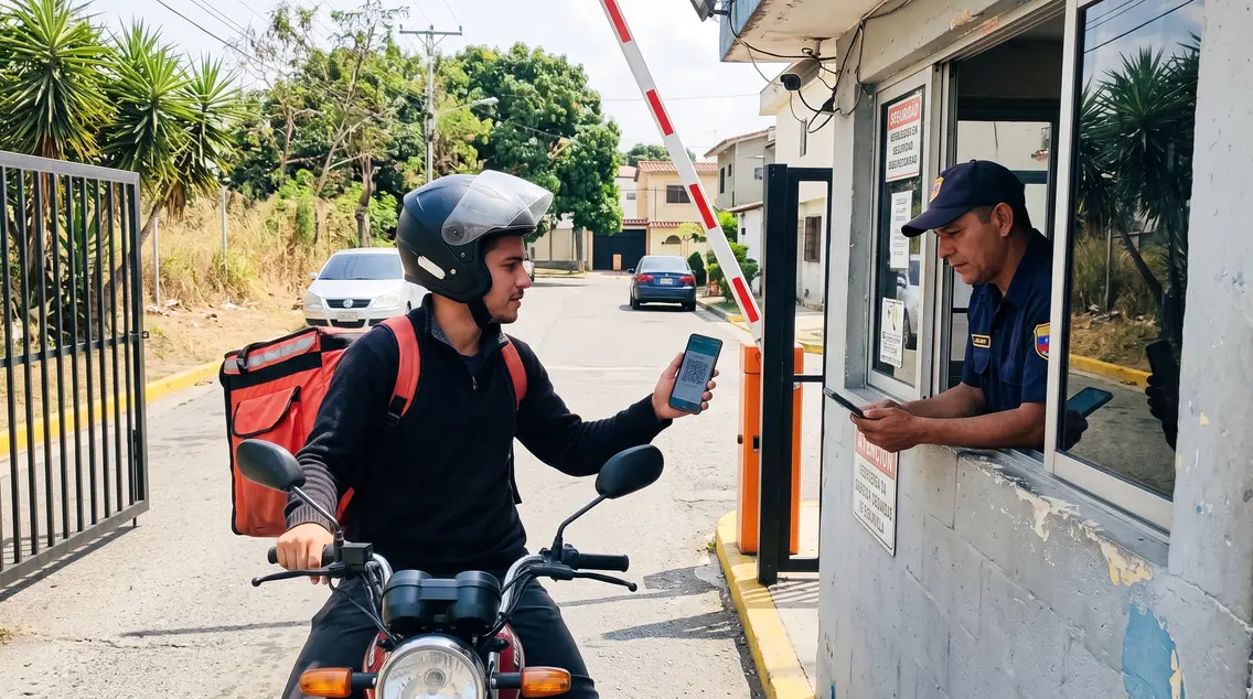 Repartidor en moto mostrando el código QR en su celular al vigilante de la garita de una urbanización