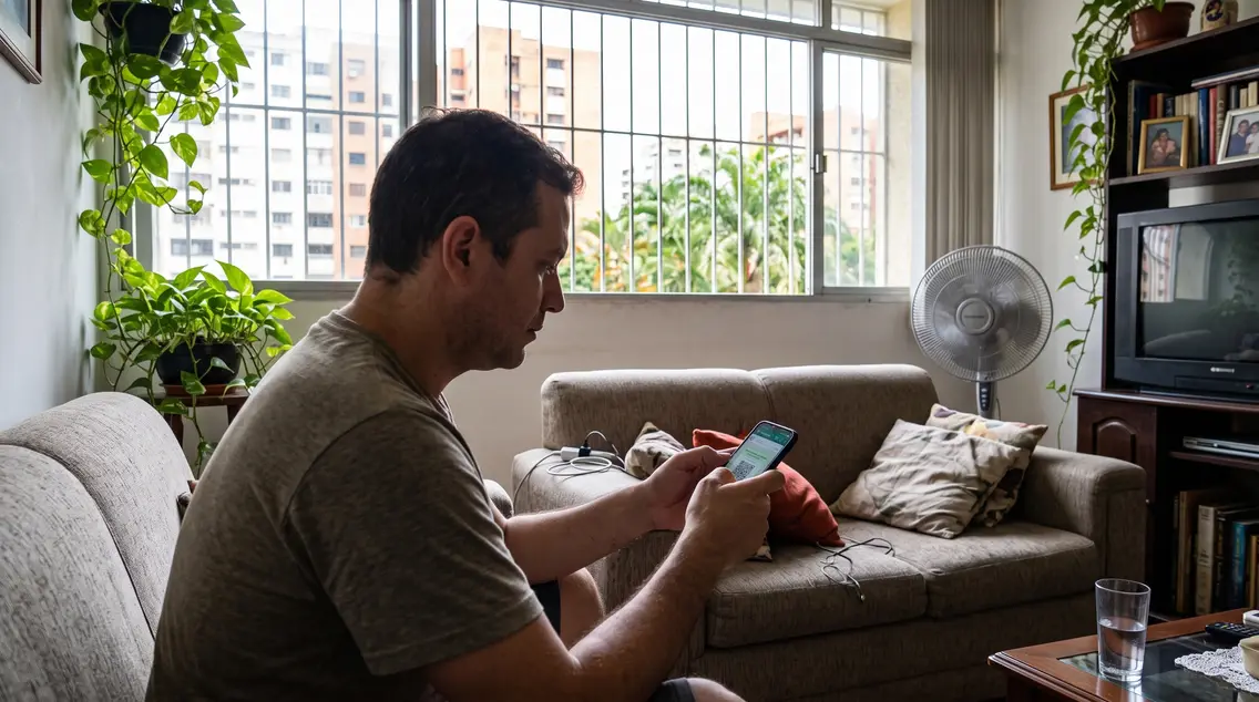Hombre sentado en la sala de su apartamento, mirando en su celular un código QR dentro de una conversación